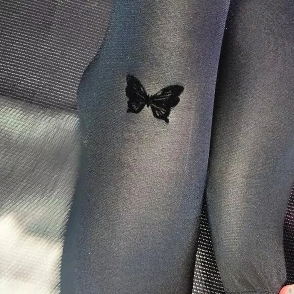 New Black Flocked Butterfly Sheer Pantyhose Tights Cottagecore Fairycore OS‎